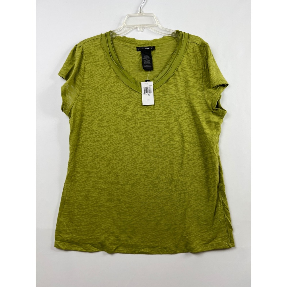 Grace Elements V-Neck Top Women XXL Snap Pea Green Slub Knit Cotton Tee